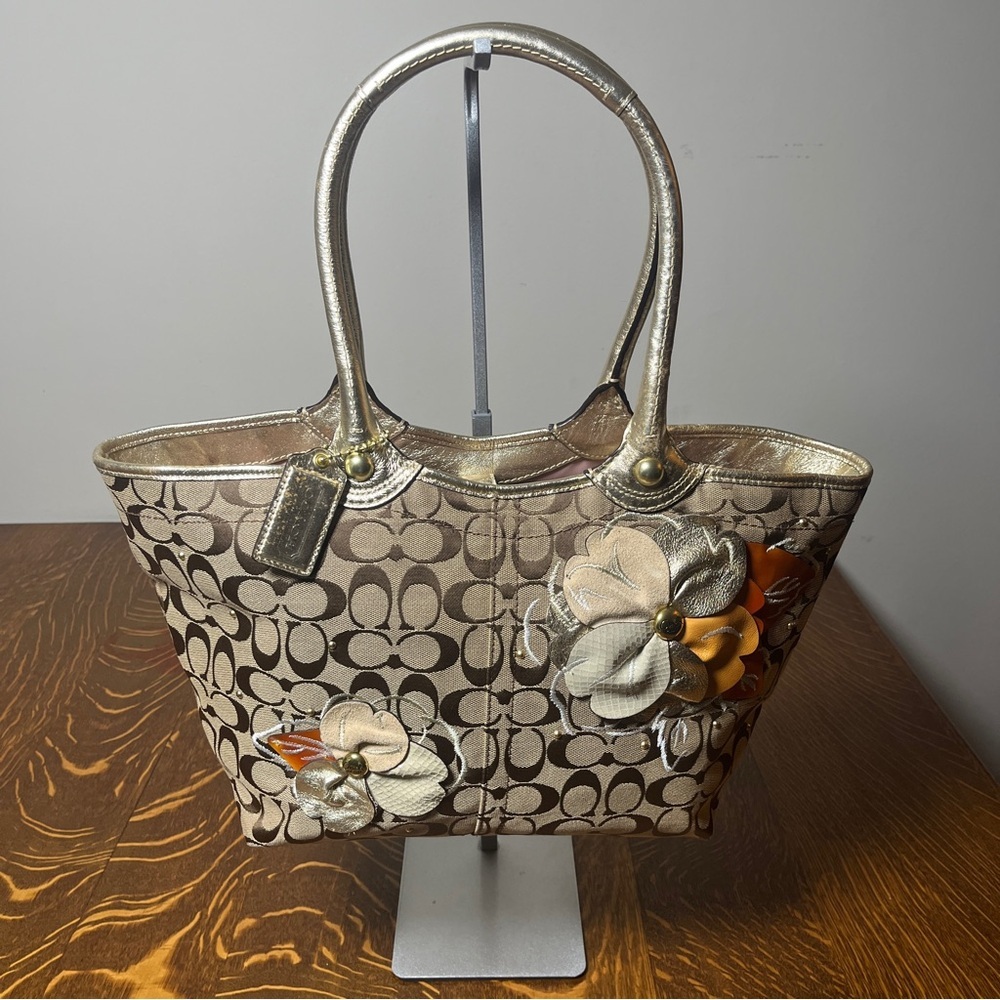 Coach Bleeker Signature Floral and Gold Tote Bag